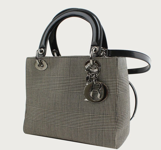 DIOR グレンチェックファブリックレディシルバー小型トート兼ショルダー 26811126