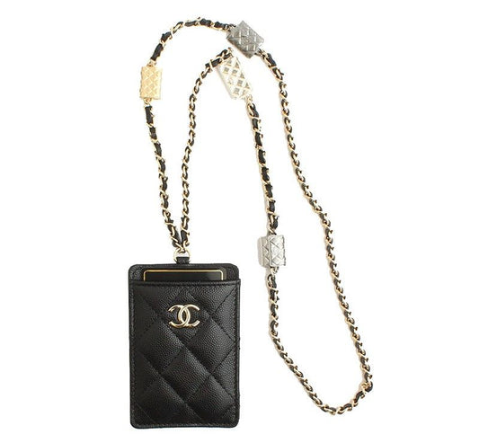 CHANEL Black Caviar Card Holder Necklace with Gold-tone Charm 31 Series 27482542