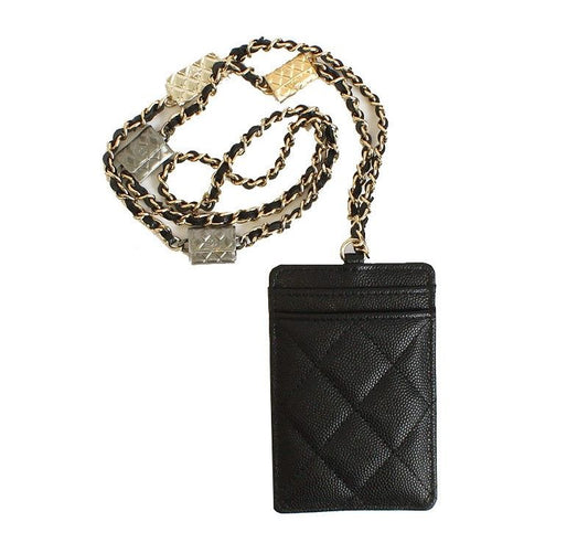 CHANEL Black Caviar Card Holder Necklace with Gold-tone Charm 31 Series 27482542