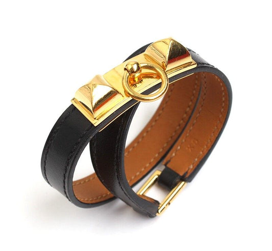 Hermes La Medor Black Epsom Double Strap Gold Bracelet XS R 34980127