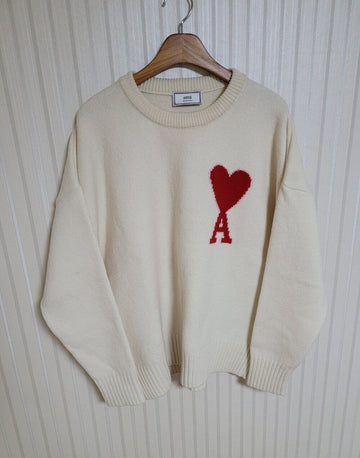 AMI M Off-White Big Heart Stickerei Virgin Wool Strickpullover 32695257