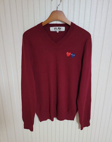 COMME DES GARCONS バーガンディ ダブルワッペン メンズ ニット M 35215819