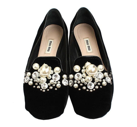 Miu Miu Black Velvet Pearl Loafers 37 12 35485236