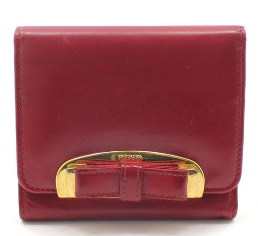 Prada Red Leather Gold-tone Ribbon Tri-fold Wallet M176A 28257492