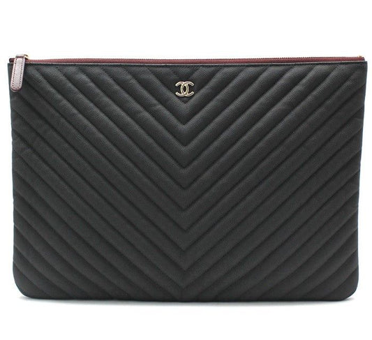 CHANEL Black Matte Caviar Chevron Clutch Large 28257291
