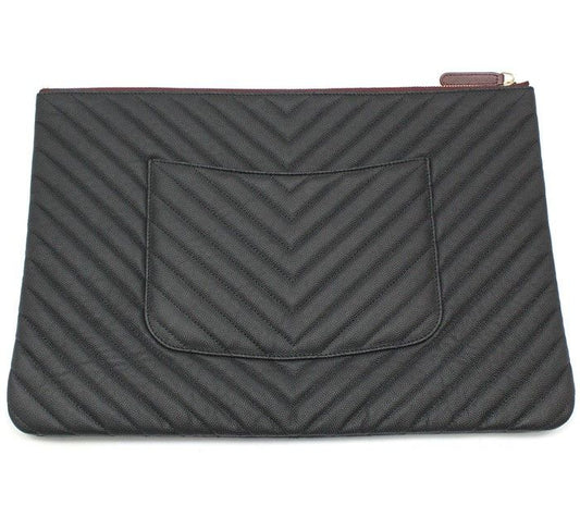 CHANEL Black Matte Caviar Chevron Clutch Large 28257291