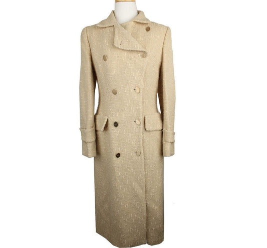 Salvatore Ferragamo Light Gold Wool Tweed Gold Logo Double Button Long Coat 42 26810473