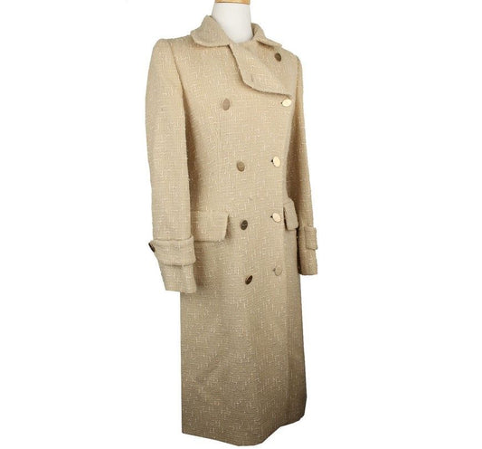 Salvatore Ferragamo Light Gold Wool Tweed Gold Logo Double Button Long Coat 42 26810473