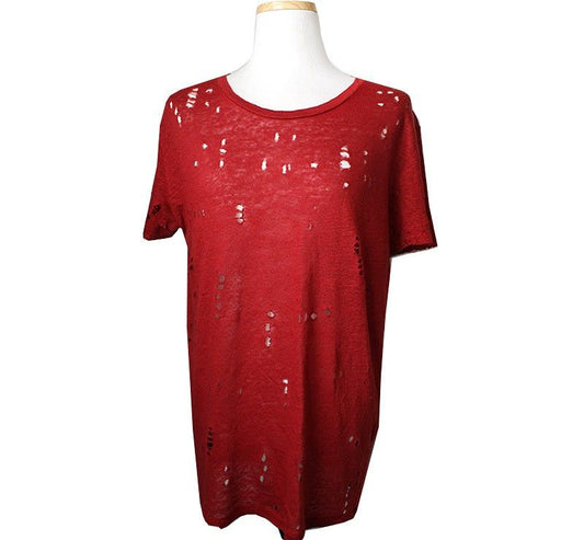 Iro Burgundy Damaged Linen T-Shirt 34 32982292