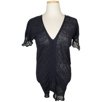 ISSEY MIYAKE イセイハート ネイビー シャーリング クロシェ装飾 リネン トップス 2 26806996