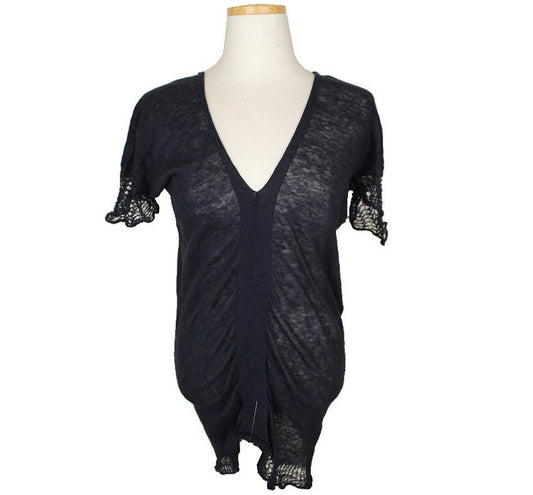 ISSEY MIYAKE Issey Heart Navy Shirred Crochet Detail Linen Top 2 26806996