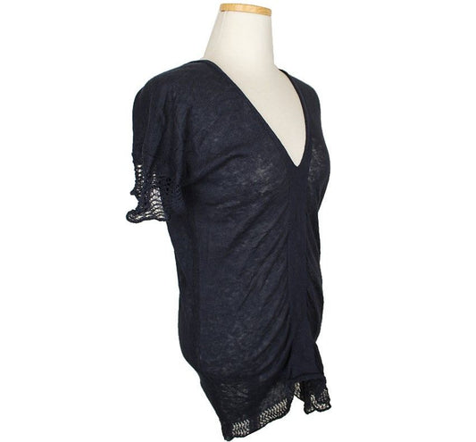 ISSEY MIYAKE Issey Heart Navy Shirred Crochet Detail Linen Top 2 26806996