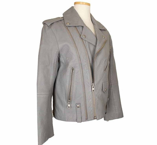 ZADIG & VOLTAIRE xs Grau Lammleder asymmetrische Motorradjacke XS 26809977