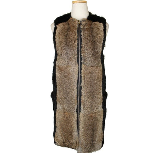 Sonia Rykiel Black & Brown Rabbit Fur Block Zip Vest 34 26810300