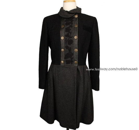 Etro Black & Grey Velvet Embroidered Dress Wool Coat 42 26810407