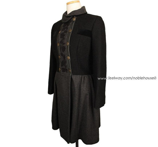 Etro Black & Grey Velvet Embroidered Dress Wool Coat 42 26810407