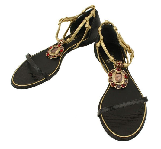 CHANEL Black & Gold Beaded Strap Flat Sandals 37 12 26810720