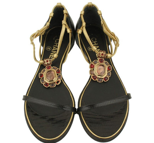 CHANEL Black & Gold Beaded Strap Flat Sandals 37 12 26810720
