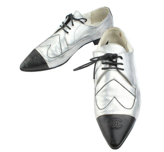 CHANEL Metallic Silver Black CC Cap Toe Loafers 37C 26810927