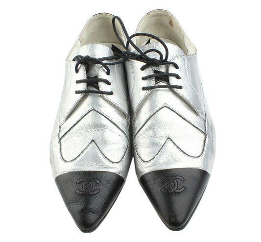 CHANEL Metallic Silver Black CC Cap Toe Loafers 37C 26810927