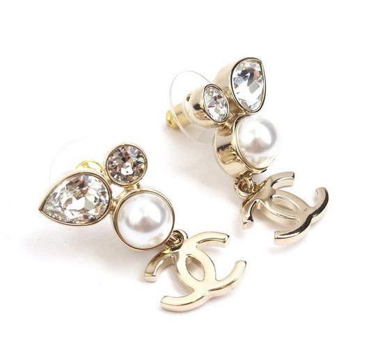 CHANEL Champagne Gold Pearl Crystal Gold-Plated Earrings 29934831