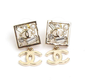 CHANEL Champagne Gold Crystal Bead CC Logo Earrings 30943156