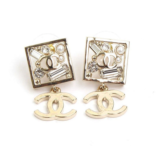 CHANEL Champagne Gold Crystal Bead CC Logo Earrings 30943156