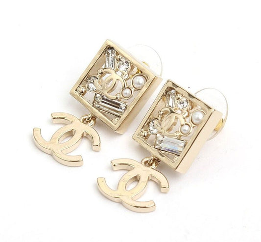 CHANEL Champagne Gold Crystal Bead CC Logo Earrings 30943156