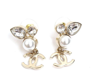 CHANEL Champagne Gold Pearl Crystal Gold-Plated Earrings 30943152