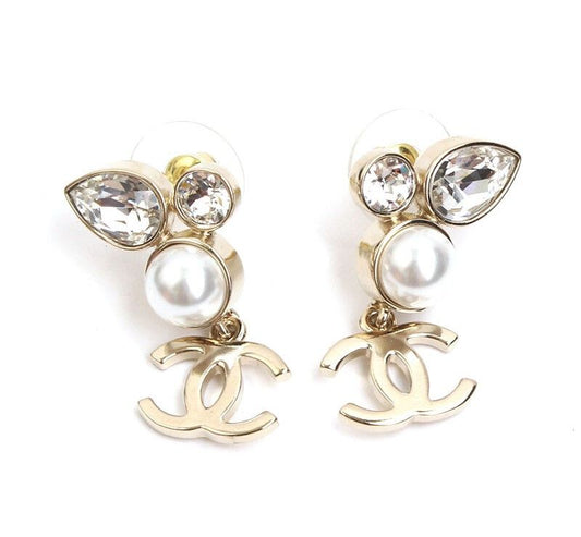 CHANEL Champagne Gold Pearl Crystal Gold-Plated Earrings 30943152
