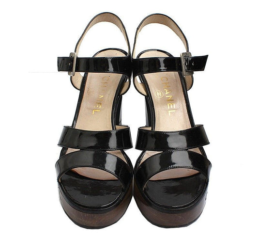 CHANEL Black Patent Logo Platform Sandals 36 1/2 43521702