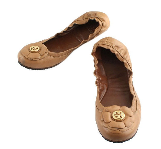 Tory Burch Camel Gold Logo Banded Flats 8M 26811028