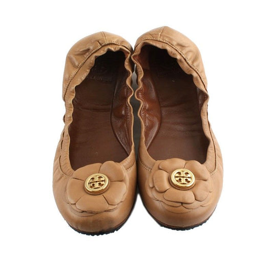 Tory Burch Camel Gold Logo Banded Flats 8M 26811028