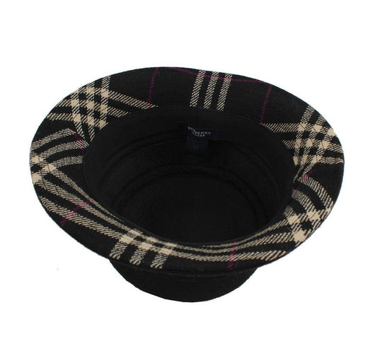 Burberry Black Wool & Check Knit Trimming Wide Brim Hat 54 26812110