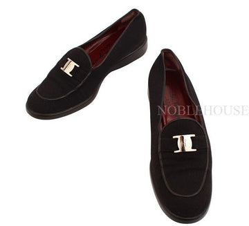 SALVATORE FERRAGAMO ブラックシルバーロゴローファー7.5 26810967
