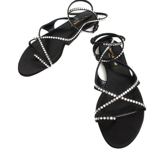 Saint Laurent Black Satin Beaded Sandal Strap 40.5 26810767