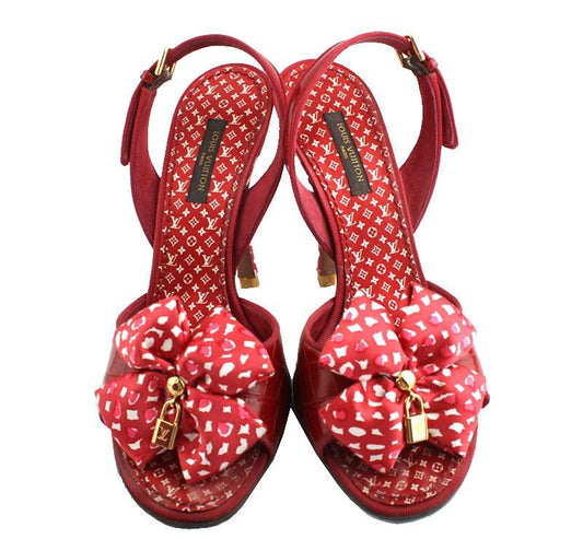 Louis Vuitton Monogram Red & White Satin & Woven Banding Strap Sandals 26810756