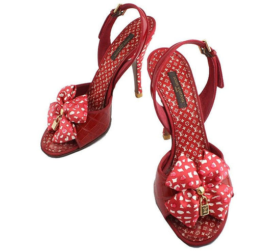 Louis Vuitton Monogram Red & White Satin & Woven Banding Strap Sandals 26810756