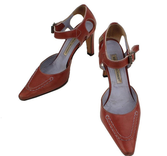 MANOLO BLAHNIK Red Camel Stich Ankle Strap Pumps 36 12 26810801