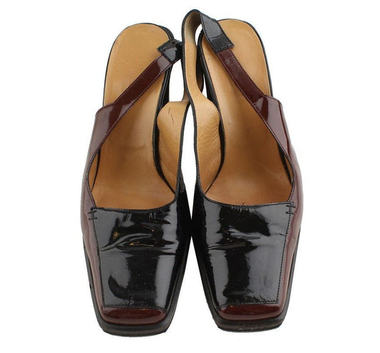 HERMES Schwarze & Burgunder Lackierte Quadrat-Toe Slingbacks 255 26810818