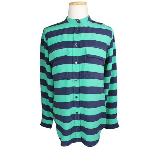Equipment Green & Navy Stripe Silk Blouse 26809234