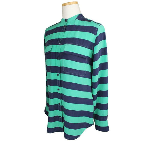 Equipment Green & Navy Stripe Silk Blouse 26809234