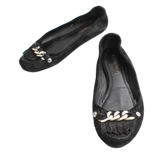 Louis Vuitton Pearl Black LV Silver Chain Suede Flats 37 26810921