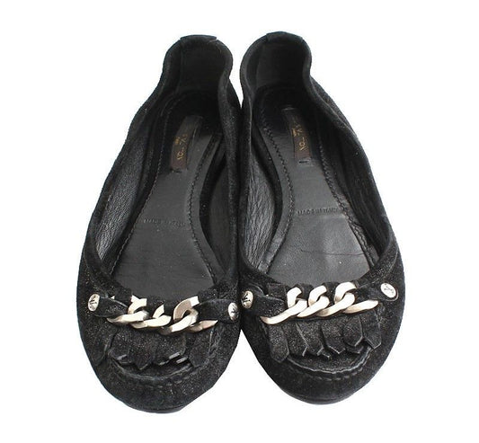Louis Vuitton Pearl Black LV Silver Chain Suede Flats 37 26810921