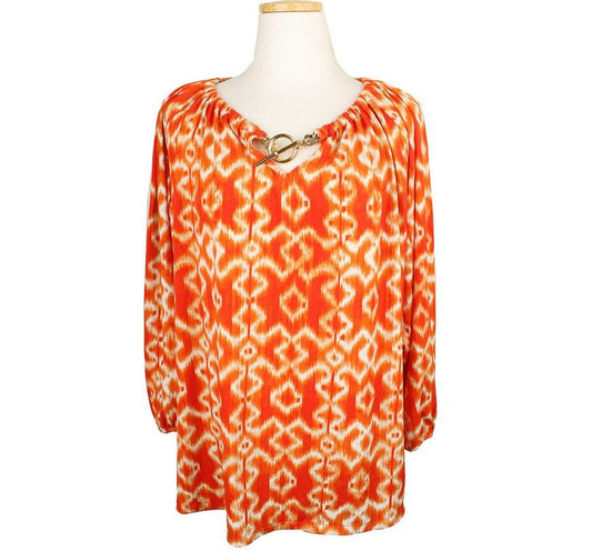 Michael Kors Orange Multi Printing Gold Logo Metal Detail Blouse S 26809309
