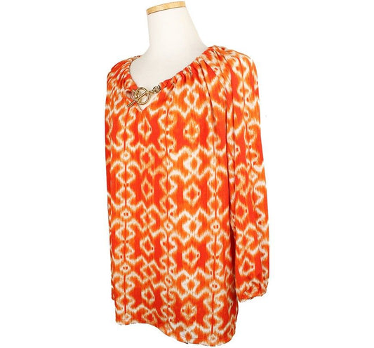 Michael Kors Orange Multi Printing Gold Logo Metal Detail Blouse S 26809309