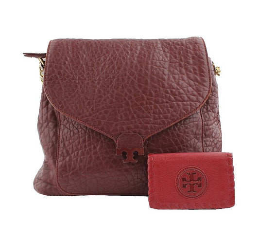 TORY BURCH バーガンディ エンボス フラップショルダー＆カード財布セット 26810853