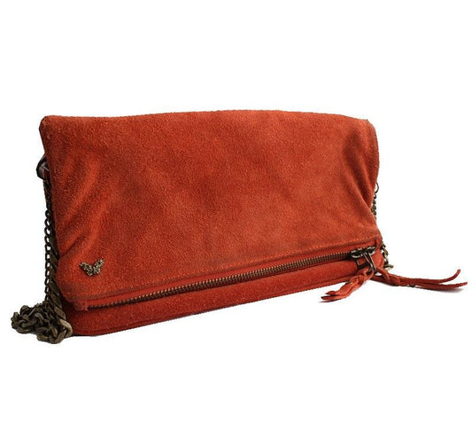 ZADIG & VOLTAIRE ダークオレンジスウェードアンティークチェーンフラップショルダー兼クロス 26811297