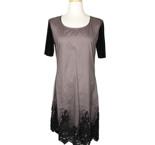 ALEXANDER MCQUEEN ベージュ&ブラック メッシュ レース ベルベット トリム ワンピース S 26809498