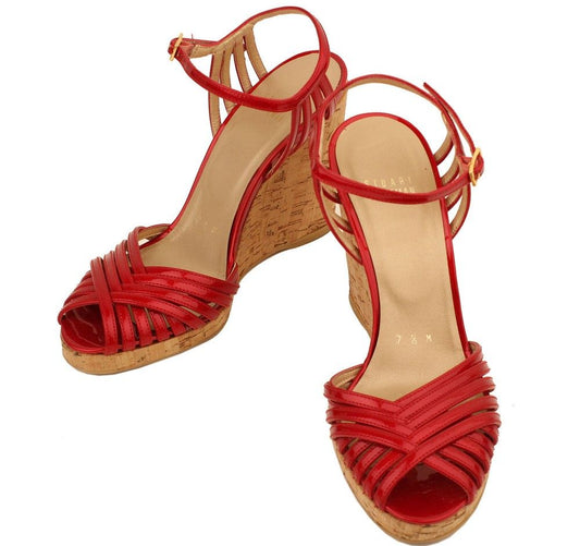 Stuart Weitzman Red Patent Strap Wedge Sandals 7.5 26810743